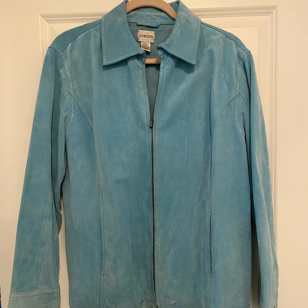 Chico’s Women’s Suede Jacket Sz 2 Aqua Zip Front 1990’s